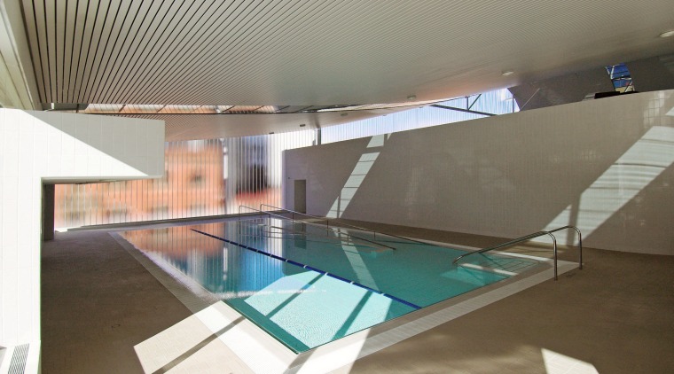 A view of the Interior of the Ian architecture, ceiling, daylighting, glass, house, interior design, leisure centre, property, real estate, swimming pool, gray