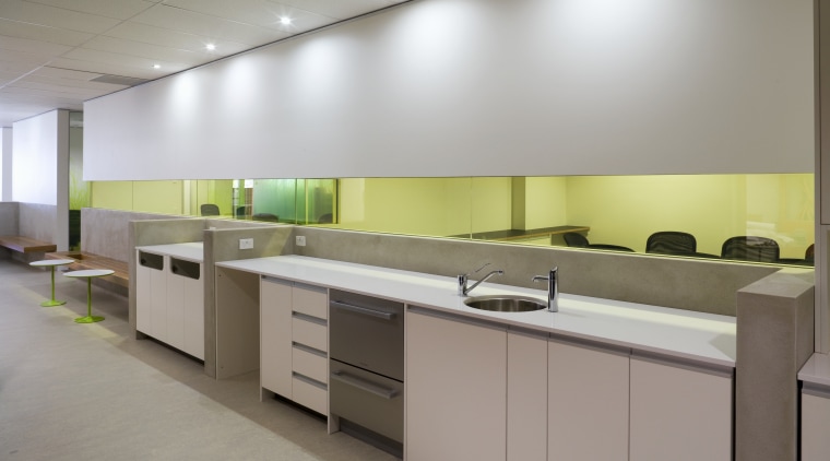 An interior view of the office building  cabinetry, countertop, interior design, kitchen, product design, gray