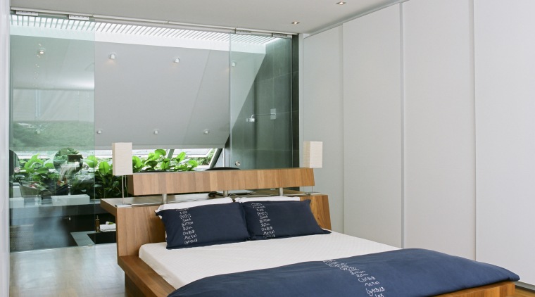 This master suite is on the top floor architecture, bed, bed frame, ceiling, daylighting, floor, flooring, furniture, interior design, laminate flooring, room, wood, wood flooring, gray