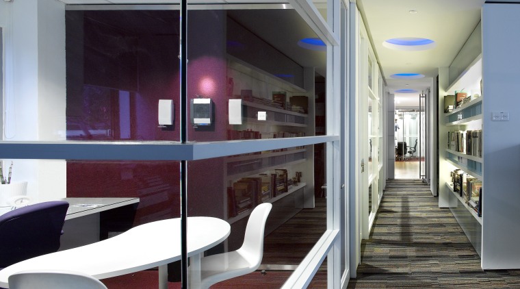 A view of SLA offices featuring carpet flooring, architecture, ceiling, interior design, gray
