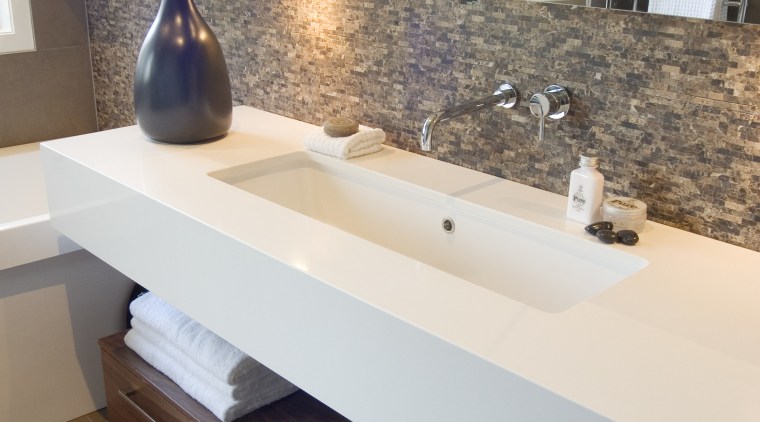 A view of some bathroomware from Robertson Agencies. bathroom, countertop, floor, flooring, hardwood, interior design, plumbing fixture, room, sink, tile, wood, white, gray