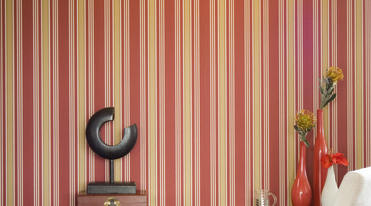 A view of some wallpaper from Vision Wallcoverings. curtain, decor, interior design, table, textile, wall, wallpaper, window, window blind, window covering, window treatment, red