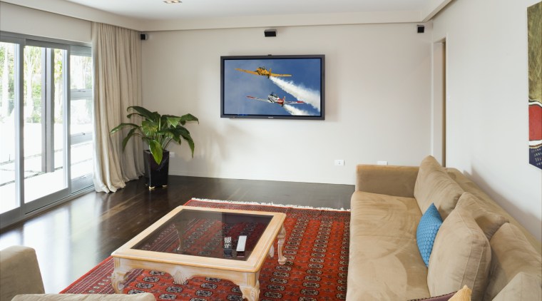 The home theatre includes a 65inch plasma display interior design, living room, property, real estate, room, suite, gray, white