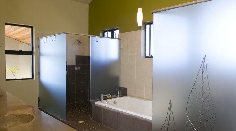 A view of this bathroom featuring tiled flooring, architecture, bathroom, daylighting, home, house, interior design, real estate, room, brown