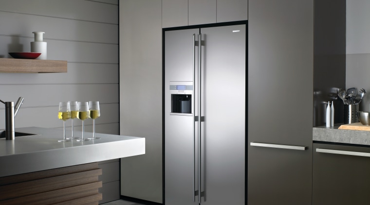 Electroluxs E:lie side-by-side refrigerator combines a large capacity home appliance, kitchen, kitchen appliance, major appliance, product design, refrigerator, gray, black