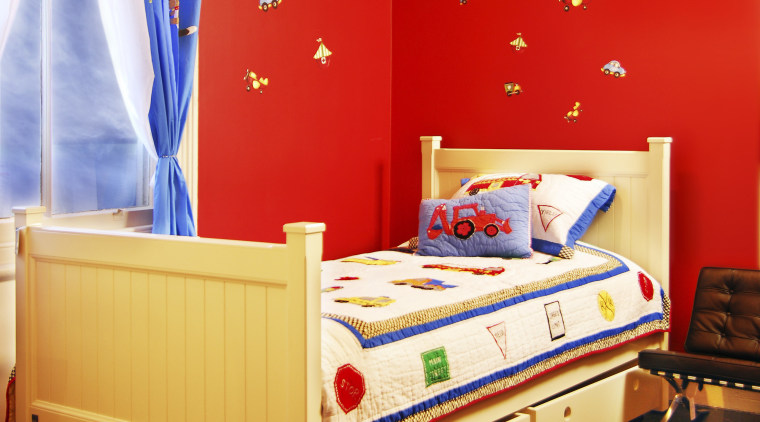 A view of these childrens room fitted wiuth bed, bed frame, bed sheet, bedroom, furniture, interior design, product, room, wall, wood, red