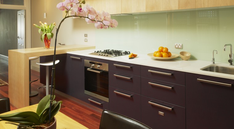 A view of the kitchen, Stone Benchtop, Stainless cabinetry, countertop, cuisine classique, interior design, kitchen, room, orange, red