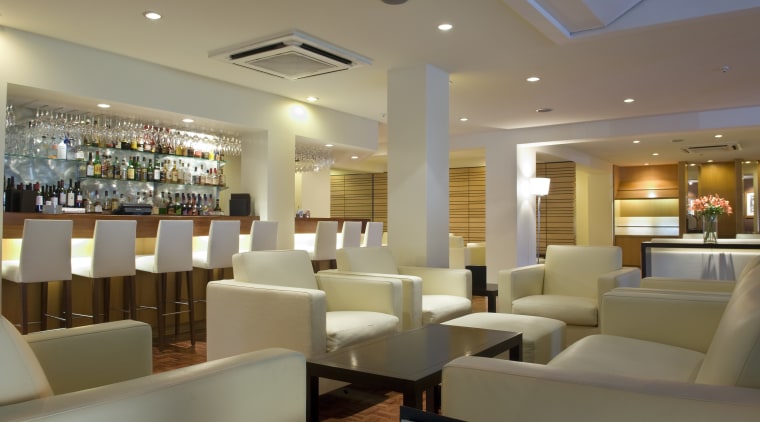 A view of the revamped hotel lounge bar café, ceiling, function hall, interior design, lobby, restaurant, brown, gray