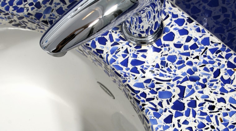 A view of some vanities from vetrazzo. - blue, water, white, blue, gray