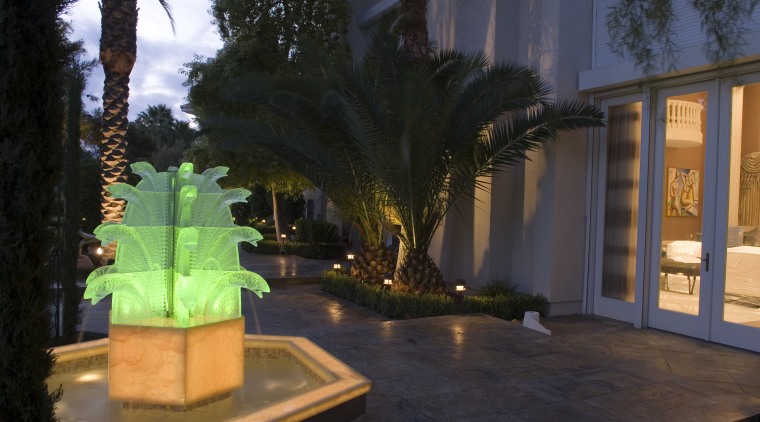 A view of this Outdoor water feature that arecales, estate, home, landscape lighting, lighting, palm tree, plant, property, tourist attraction, tree, black