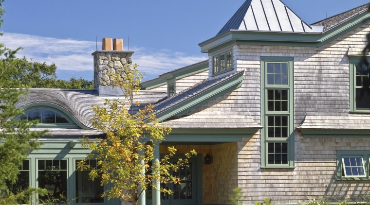 View of the house, shingle roof, shingle siding, architecture, building, cottage, estate, facade, farmhouse, home, house, mansion, plant, property, real estate, residential area, roof, siding, tree, window, teal