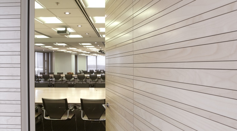 Timber slats, veneer panels and polyurethane were installed architecture, ceiling, daylighting, floor, flooring, interior design, wall, wood, gray