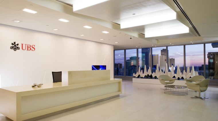 Sculptrural artwork and furniture help define the recption ceiling, exhibition, floor, flooring, interior design, lobby, product design, gray
