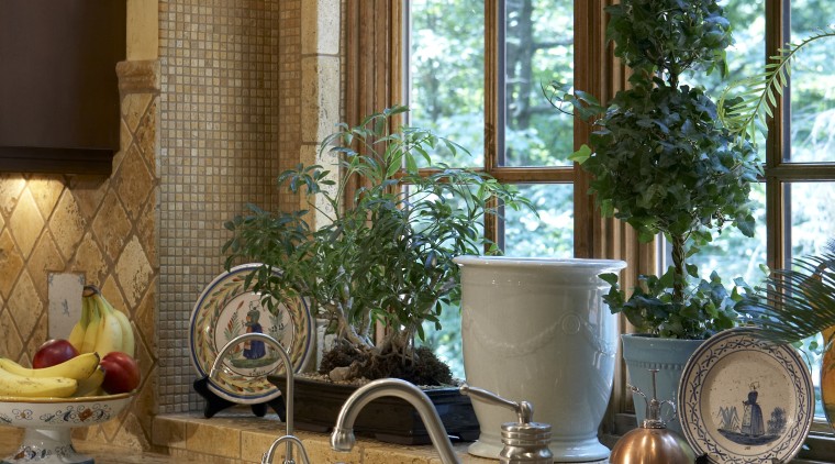 View of kitchen featuring cabinetry, granite countertops, sinks, bathroom, countertop, home, interior design, kitchen, room, window, brown