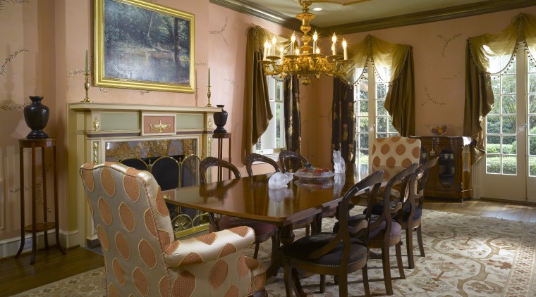 A view of the dining area, wooden flooring, ceiling, dining room, estate, flooring, furniture, home, house, interior design, living room, property, real estate, room, table, window, brown