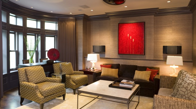 view of media room featuring brown grasscloth covering ceiling, interior design, living room, lobby, room, brown
