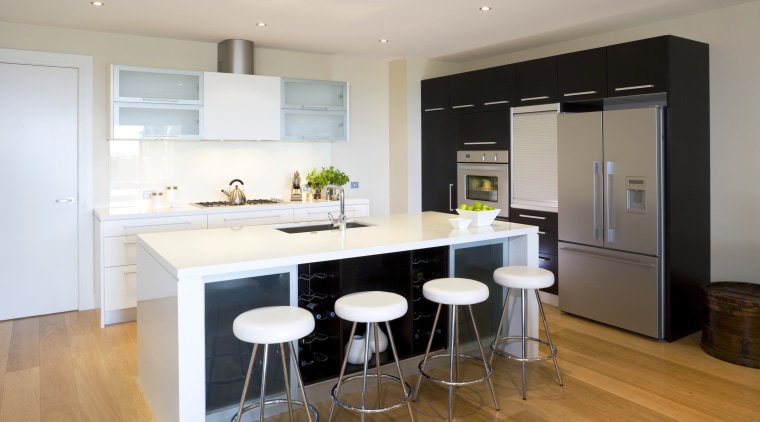 Other recent releases from Fisher &amp; Paykel include cabinetry, countertop, cuisine classique, floor, flooring, home, interior design, kitchen, property, real estate, room, wood flooring, gray