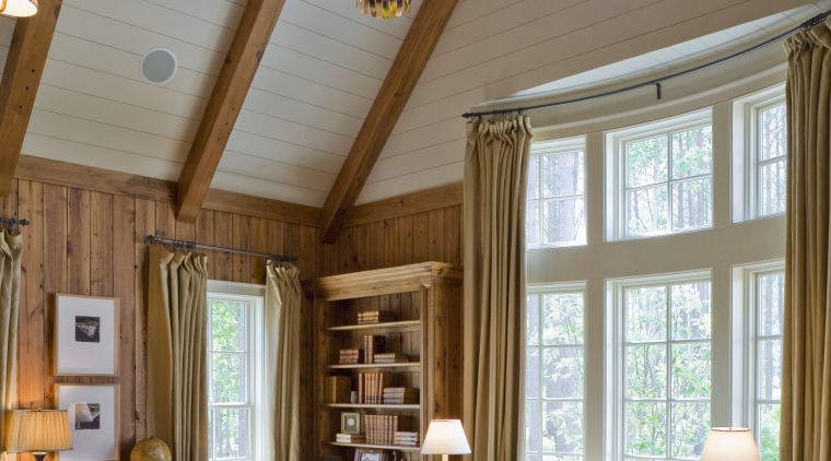 View of house designed by William T Baker beam, ceiling, daylighting, estate, hardwood, home, interior design, living room, real estate, room, window, wood, brown, gray