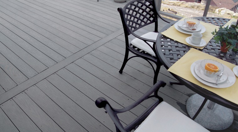 View of products from WeatherBest Decking &amp; Railing. chair, deck, floor, furniture, outdoor furniture, outdoor structure, sunlounger, table, wood, gray