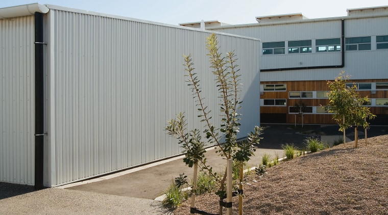 View of Williamstown High School in Melbourne. Designed architecture, facade, home, house, property, real estate, residential area, gray