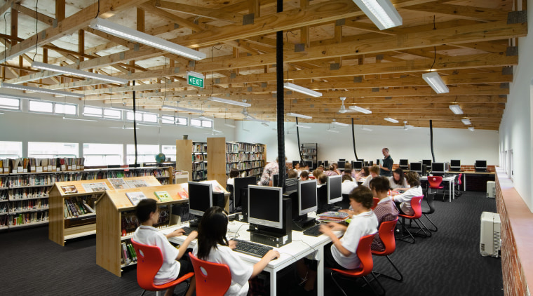 View of Williamstown High School in Melbourne. Designed institution, library, library science, office, organization, public library, brown, black