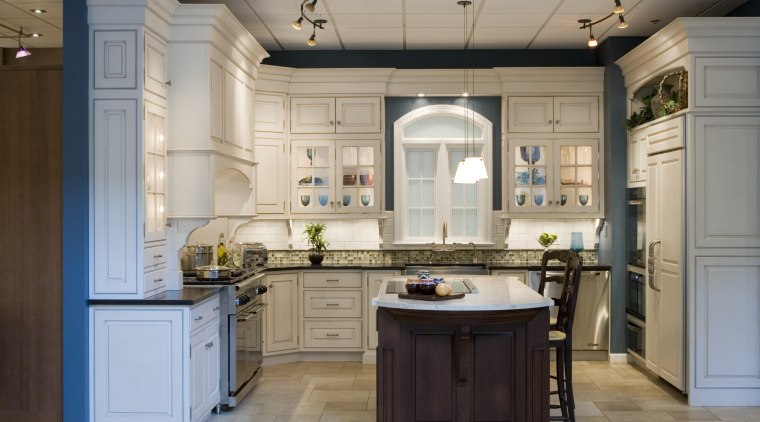 view of kitchen by Detail Kitchens featuring tiled cabinetry, ceiling, countertop, cuisine classique, interior design, kitchen, room, gray