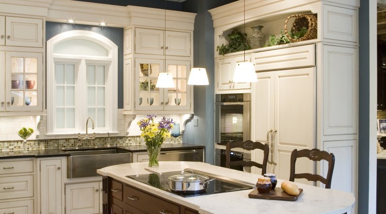 view of kitchen by Detail Kitchens featuring tiled cabinetry, ceiling, countertop, cuisine classique, interior design, kitchen, room, gray