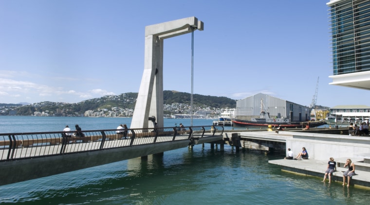View of wellington waterfront, walkway linking to a bridge, fixed link, sea, sky, swimming pool, water, waterway, teal