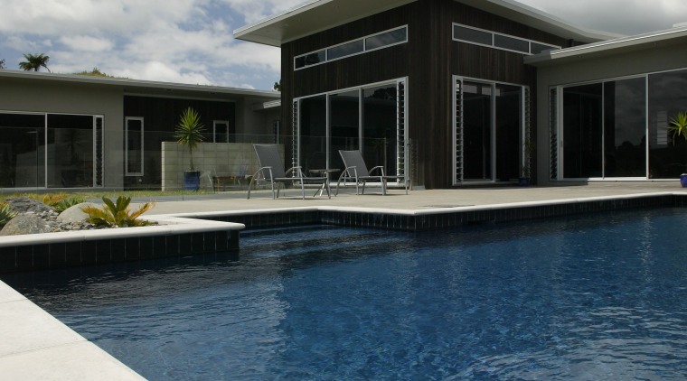 view of pool by Pool Resources. - view architecture, cloud, estate, home, house, property, real estate, reflection, sky, swimming pool, water, white