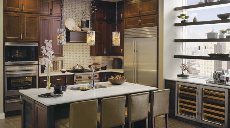 Westye's Living Kitchen showroom displays appliances in realistic cabinetry, countertop, cuisine classique, interior design, kitchen, room, brown