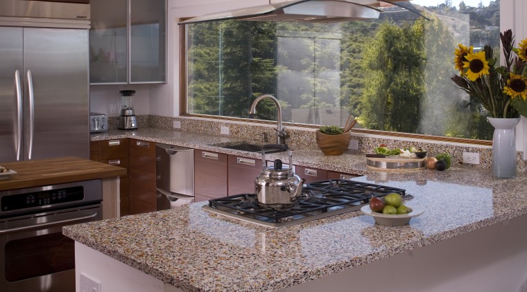 Recycled glass kitchen benchtop - Recycled glass kitchen countertop, granite, interior design, kitchen, gray