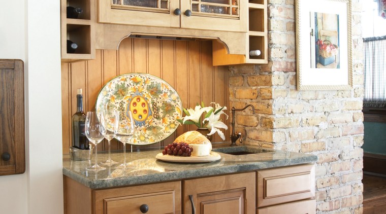 Built in bar with cabintery facing the kitchen cabinetry, countertop, cuisine classique, flooring, furniture, home, interior design, kitchen, room, wood stain, brown, white