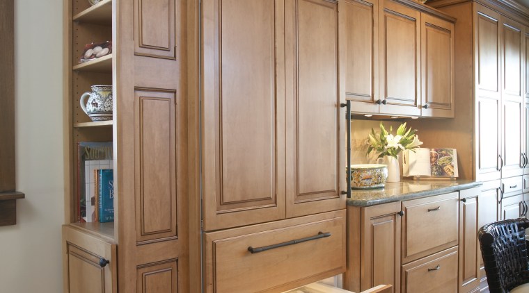 Kitchens traditional ambiance, a Sub Zero refrigerator behind cabinetry, countertop, cuisine classique, flooring, furniture, hardwood, home, interior design, kitchen, room, wood, brown, gray