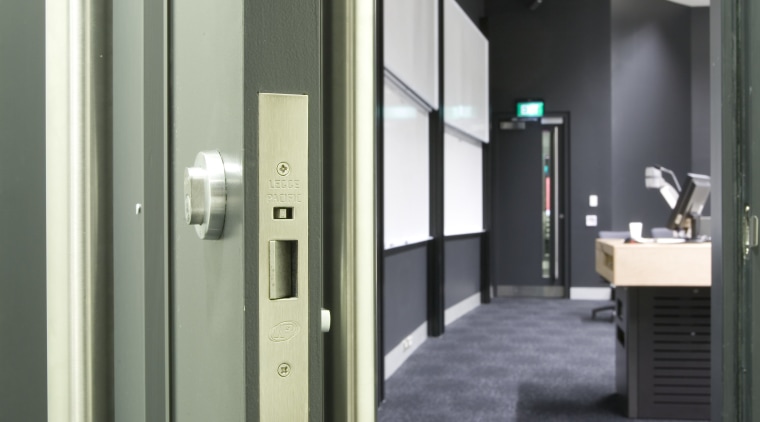 View of fire safety and disability friendly doors architecture, door, floor, interior design, gray, black