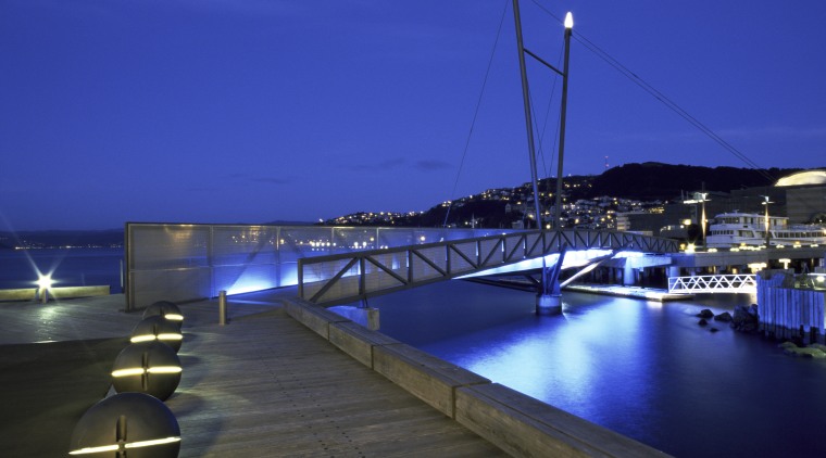 This design, called Wellington Waterfront Promenade, received and dock, evening, lighting, marina, night, resort, sea, sky, swimming pool, water, blue