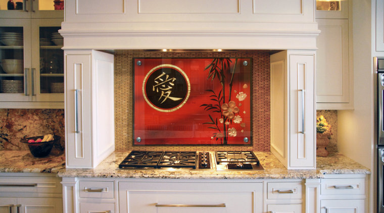View of kitchen gass stove with a oriental cabinetry, countertop, cuisine classique, flooring, home appliance, interior design, kitchen, kitchen appliance, room, gray