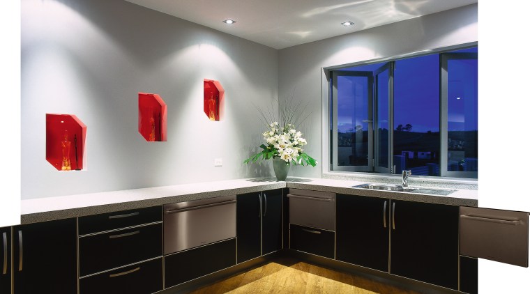 The new modular Fisher & Paykel CoolDrawer allows cabinetry, ceiling, countertop, interior design, kitchen, gray