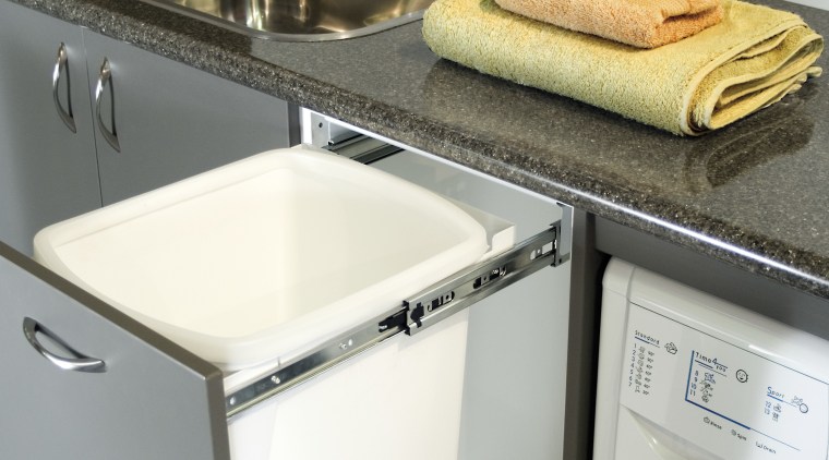 Hideaway Bins Banish mess from the kitchen and countertop, home appliance, kitchen appliance, laundry, major appliance, product design, sink, small appliance, washing machine, gray