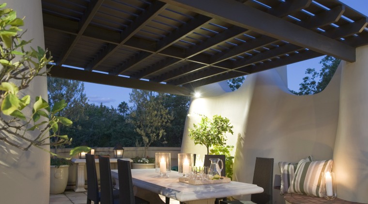 Working with an existing adobe look, designer Cameron outdoor structure, patio, pergola, real estate, roof, black