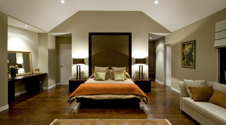 Master bedroom inside resort-style home with walls painted bedroom, ceiling, estate, floor, flooring, interior design, living room, real estate, room, suite, wall, wood flooring, brown