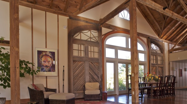 View of the front entrance way showing the beam, ceiling, estate, interior design, living room, lobby, real estate, wood, brown