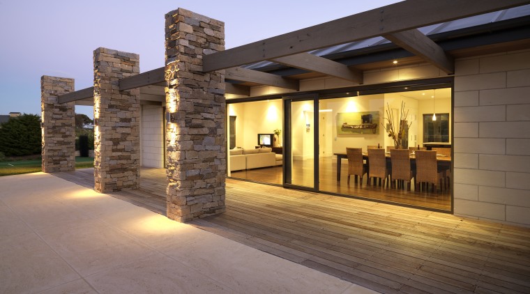 View of open-plan living and dining areas of architecture, estate, home, house, lighting, property, real estate, brown