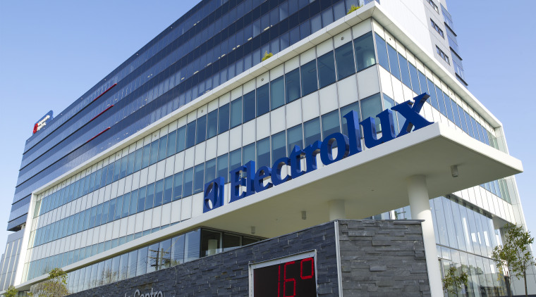 Exterior view of the new environmentally friendly Electrolux architecture, building, commercial building, corporate headquarters, daytime, facade, headquarters, house, mixed use, real estate, structure, teal