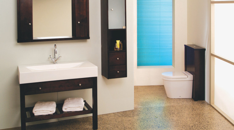 Plumb-Lines Mensola suite within the Sistema range combines bathroom, bathroom accessory, bathroom cabinet, floor, plumbing fixture, product design, room, sink, white