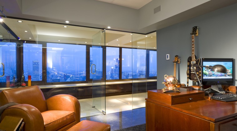 This remodeled apartment in Chicago's landmark John Hancock apartment, interior design, living room, real estate, room, suite, gray