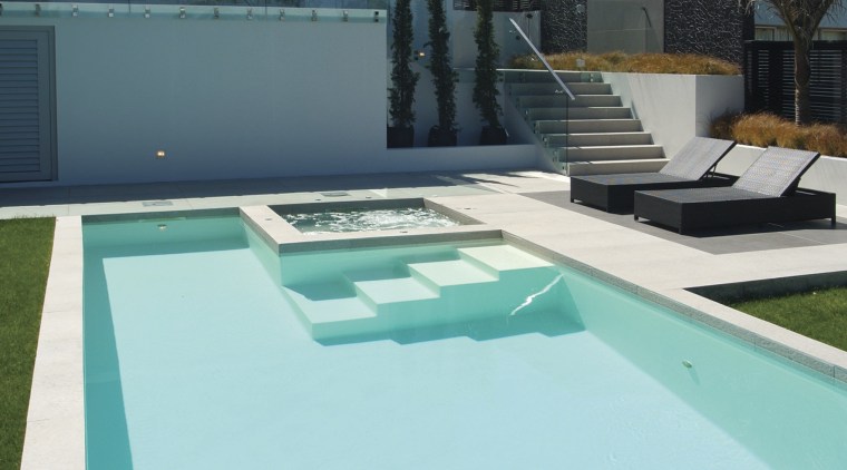 The simple,clean lines of this pool echo the architecture, estate, house, leisure, property, real estate, sky, swimming pool, water, teal