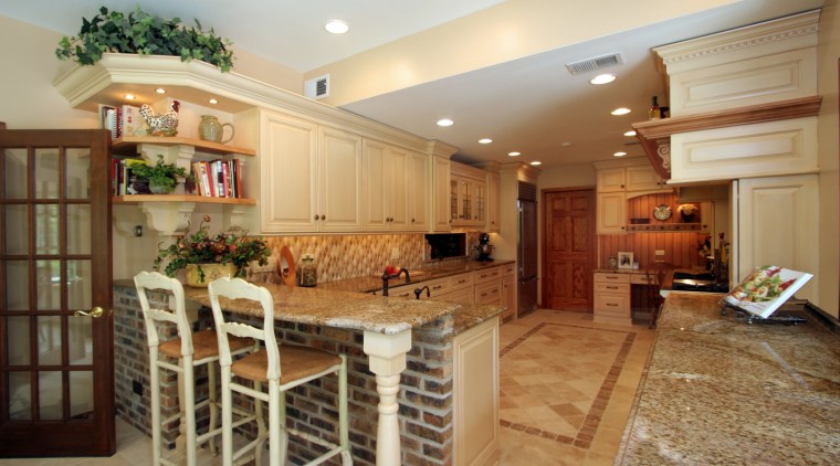 Image of a tuscan-styled kitchen which was designed cabinetry, ceiling, countertop, cuisine classique, estate, flooring, home, interior design, kitchen, real estate, room, orange, brown