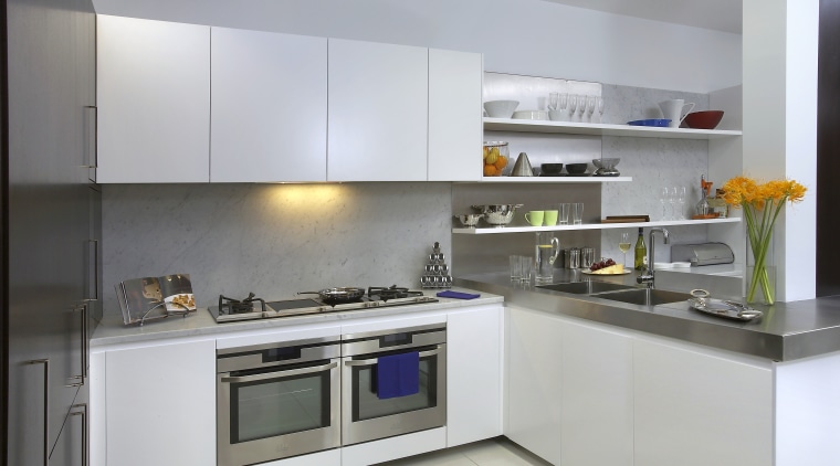 This new kitchen features a mix of surfacing cabinetry, countertop, cuisine classique, home appliance, interior design, kitchen, kitchen stove, major appliance, property, gray