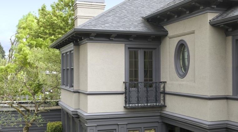 Exterior view of renovated century old house featuring architecture, building, cottage, elevation, estate, facade, historic house, home, house, mansion, neighbourhood, property, real estate, residential area, roof, siding, window, gray, teal