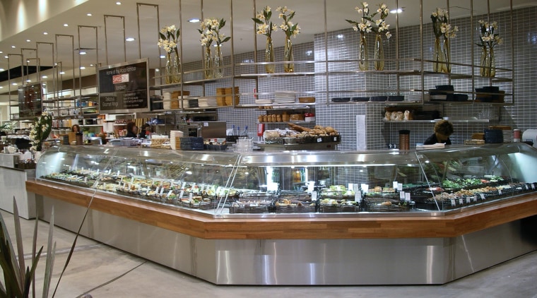 View of commercial food and beverage refrigeration designed bakery, retail, gray
